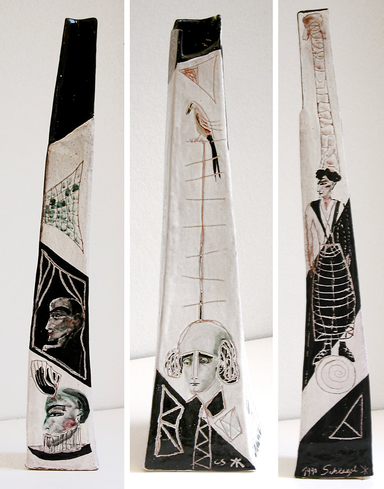 Keramik Kattrin Kühn, 3 Keramik-Stelen,  Fayencen, Höhe 50, 57 und 60cm, 199